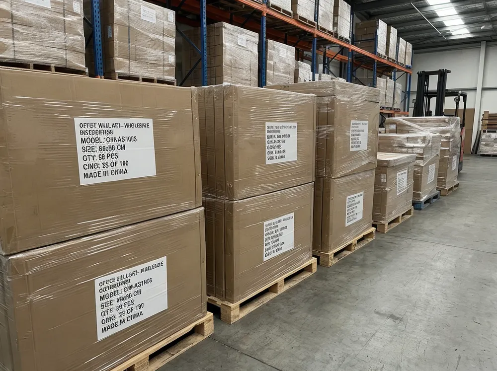 Warehouse with packaged office wall art ready for wholesale distribution