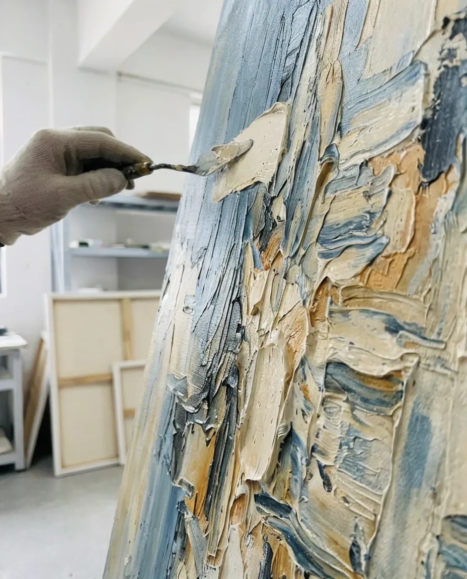 Close-up of hand-applied texture on abstract wall art showing impasto brushwork