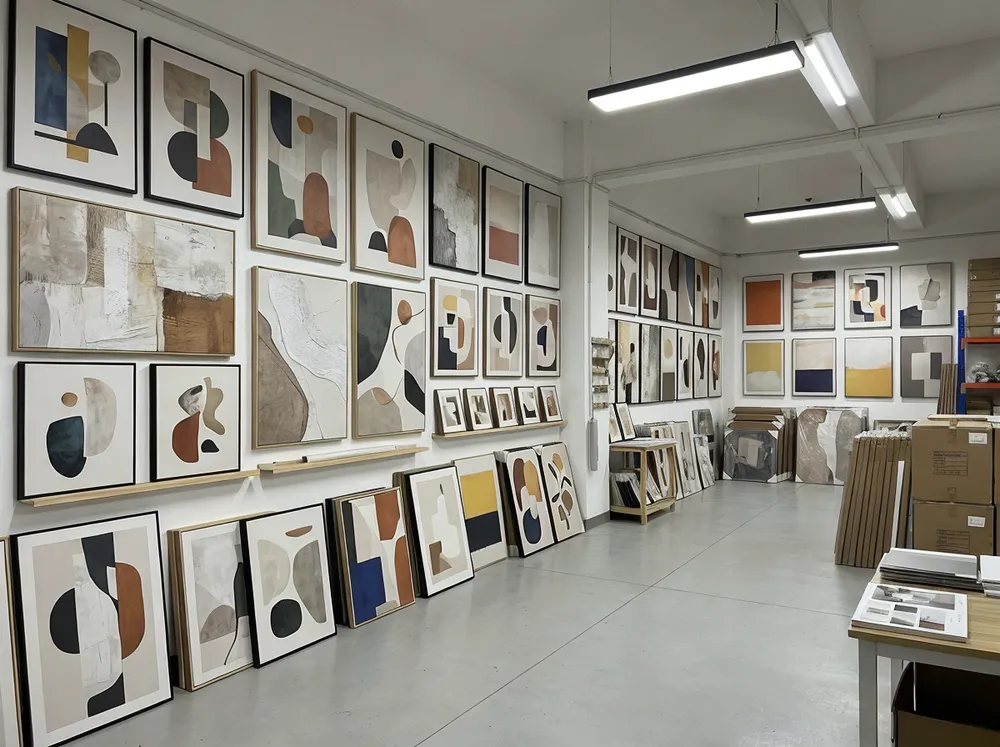 Abstract wall art collection displayed in wholesale showroom setting