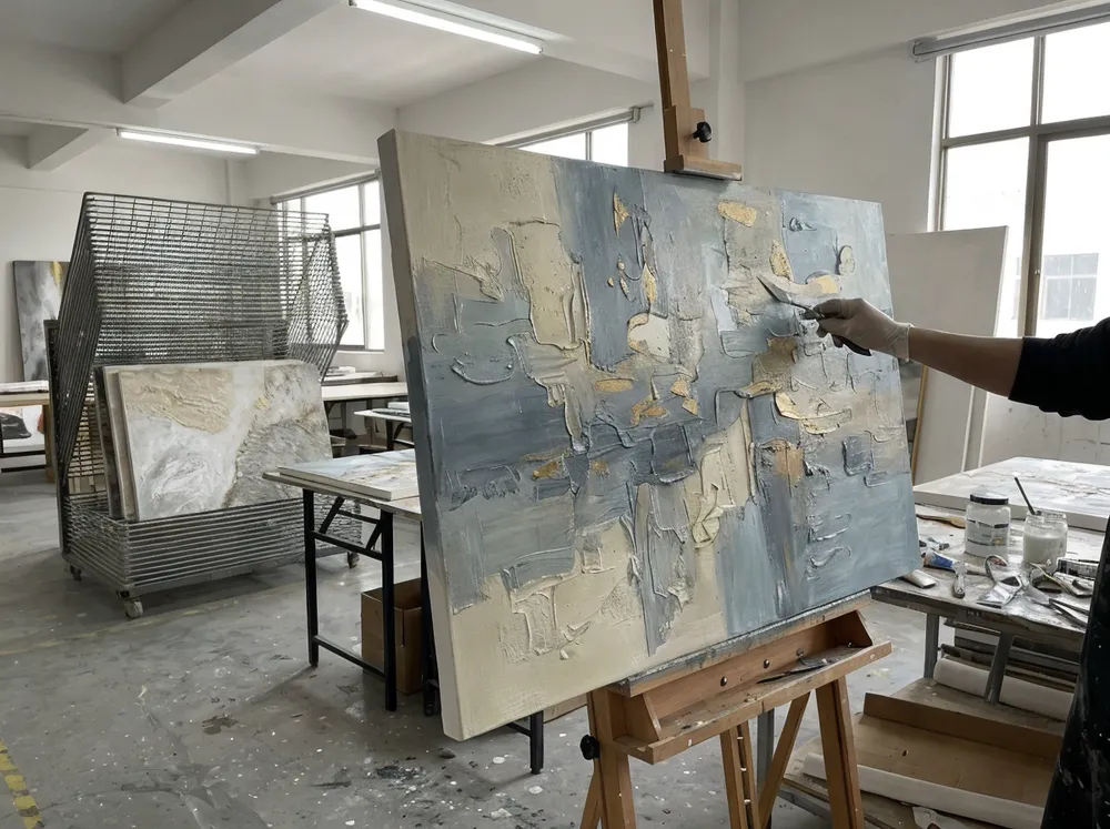 Hand-textured abstract wall art with impasto finish from Livewellcraft factory