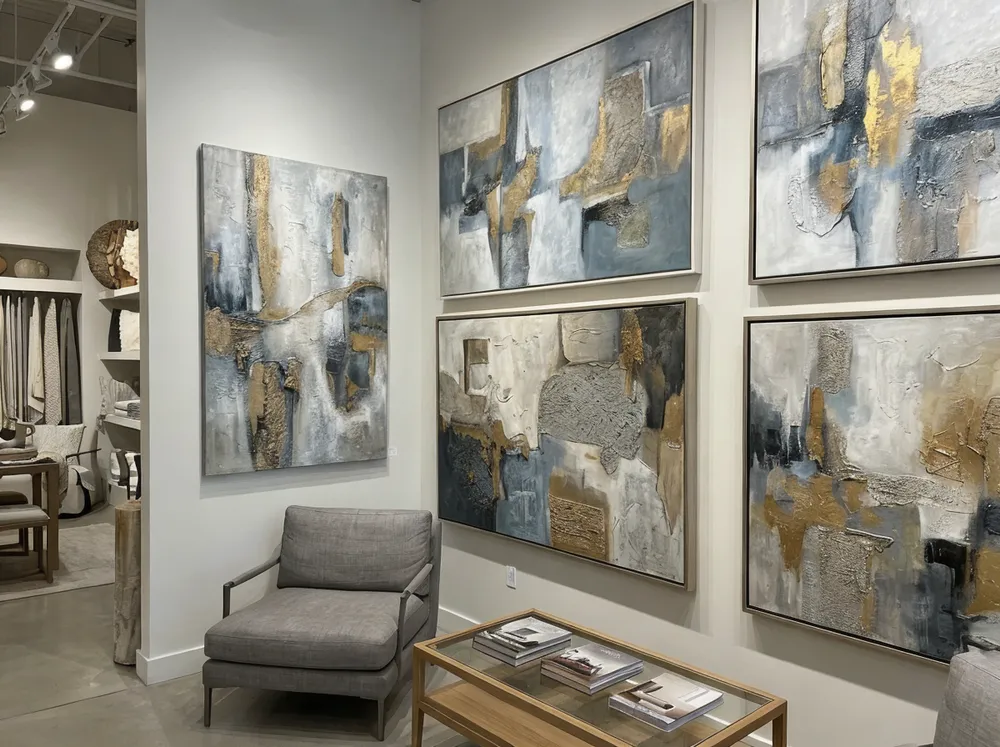 Abstract textured wall art displayed in boutique retail showroom setting