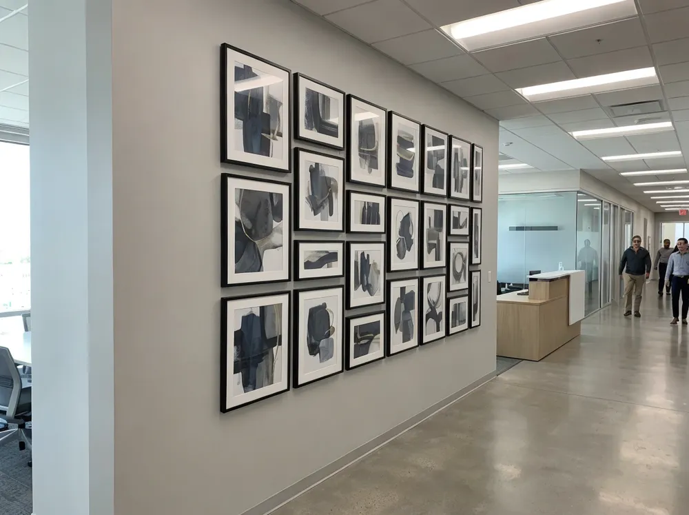 Abstract wall art installation in modern corporate office environment