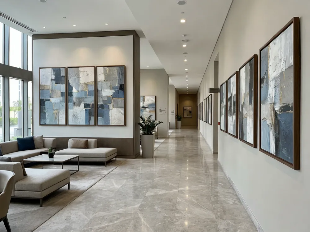 Abstract wall art in hotel lobby and corridor hospitality setting