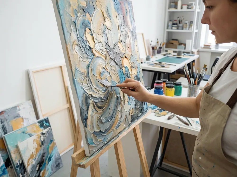 Artisan applying hand texture to abstract wall art with palette knife