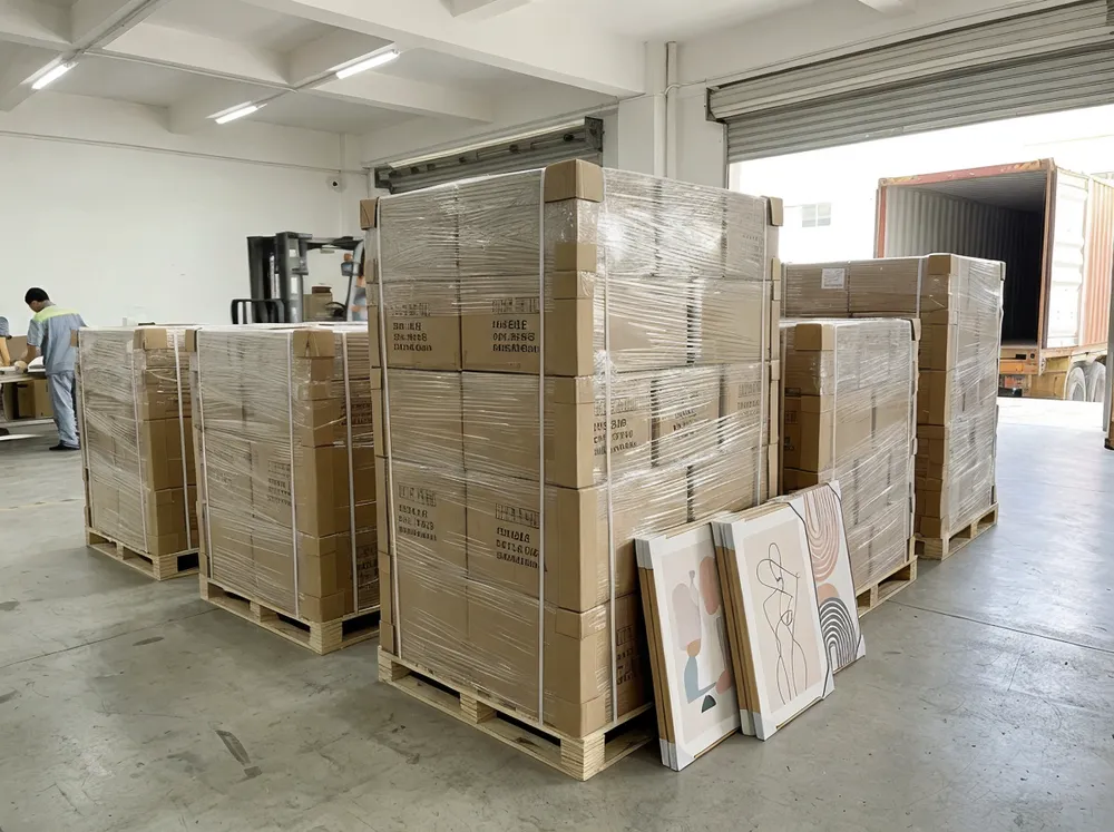 Palletized aesthetic wall art ready for container loading with corner protection