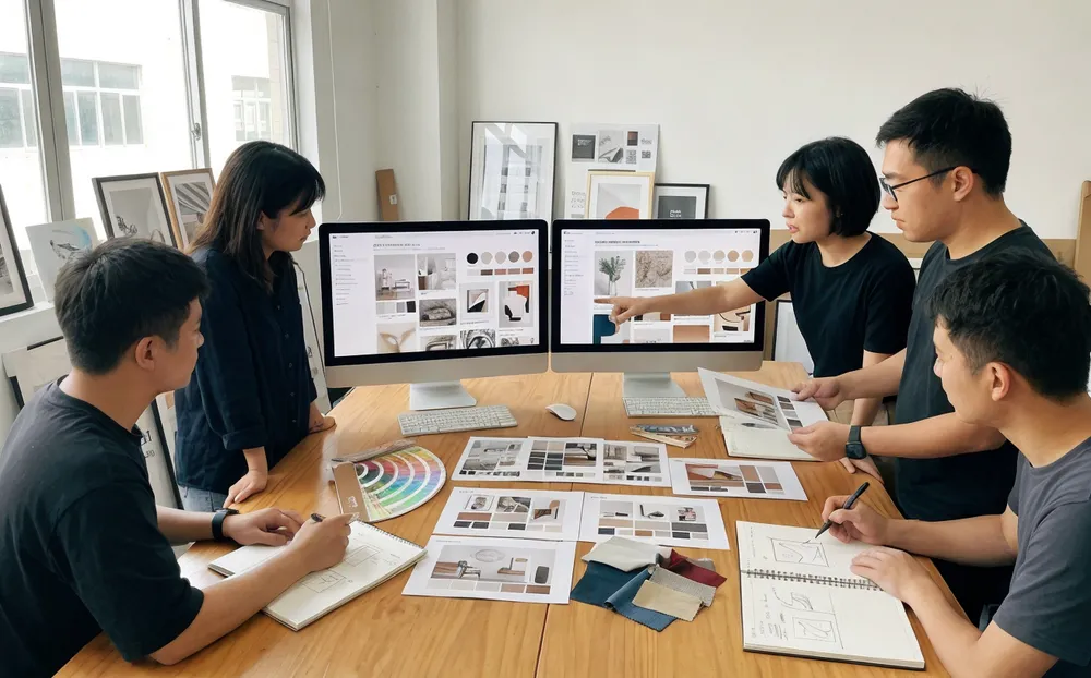 Livewellcraft design team reviewing trend platforms and developing aesthetic wall art compositions