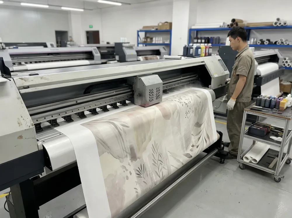 Giclée printing process showing pigment-based inkjet on poly-cotton canvas