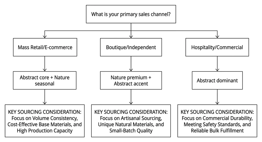 Sourcing decision flowchart helping US retailers choose between abstract and nature wall art based on channel type, seasonal exposure, and order volume
