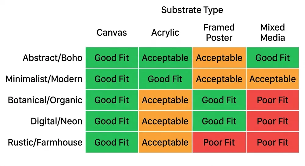 Decision matrix matching aesthetic wall art styles to substrate types including canvas, acrylic, framed poster, and mixed media