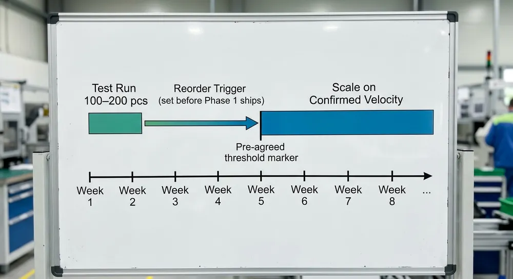Three-phase order structure diagram for trend-driven aesthetic wall art sourcing showing test run, reorder trigger, and scale phases