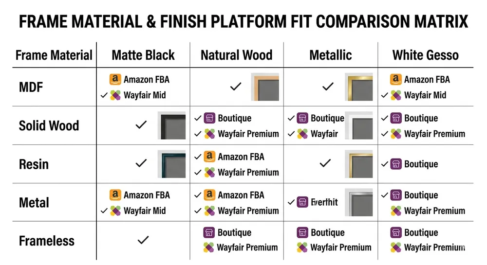 Comparison matrix of aesthetic wall art frame materials and surface finishes mapped to US e-commerce platform segments