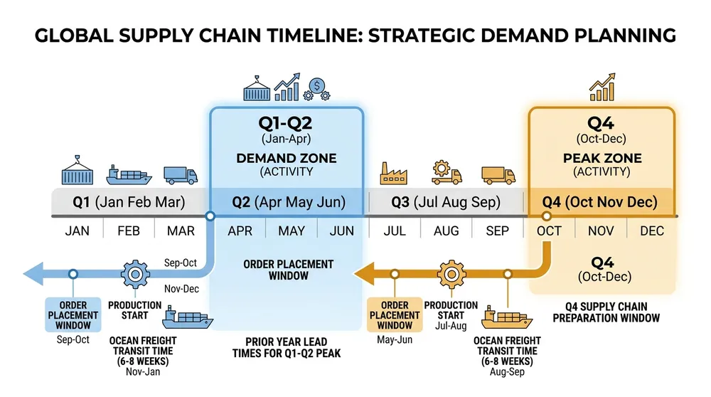 Order timing calendar for aesthetic wall art wholesale buyers showing US e-commerce demand peaks and production lead time windows
