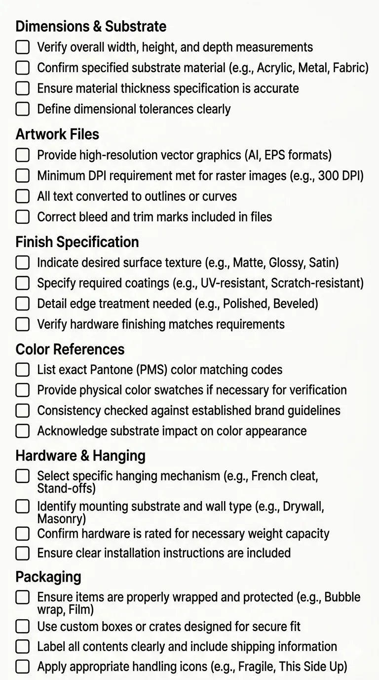 Design brief checklist for creative wall art custom orders covering dimensions, substrate, finish, color references, artwork files, and hardware