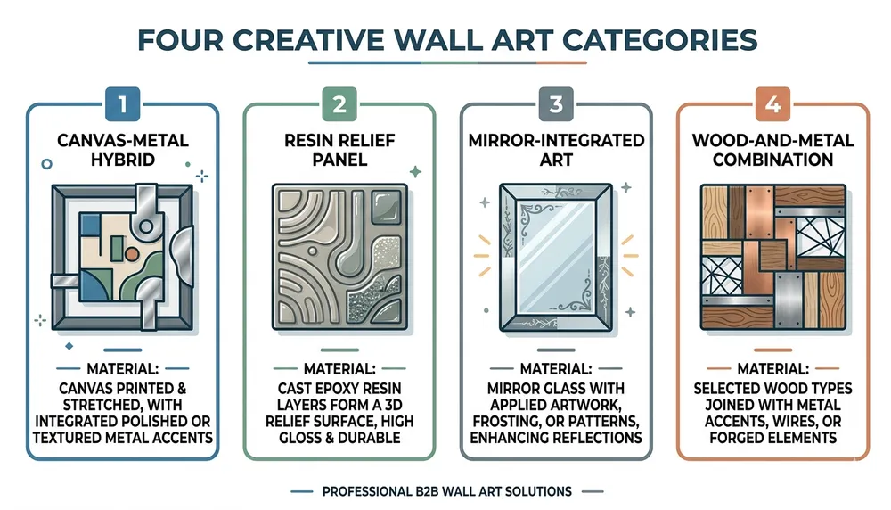 Overview diagram of creative wall art design categories by material combination including canvas-metal, resin-relief, mirror-integrated, and wood-metal panels