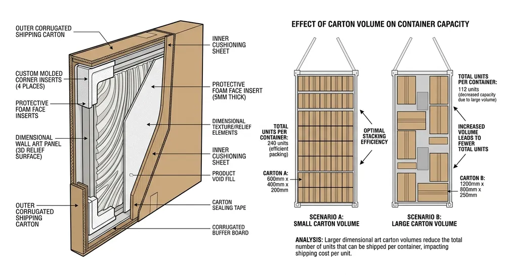 Diagram showing inner packaging configuration and container loading layout for dimensional resin-relief wall art panels