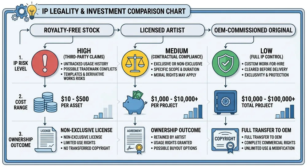 Diagram showing IP risk exposure across three graffiti wall art sourcing models for wholesale buyers
