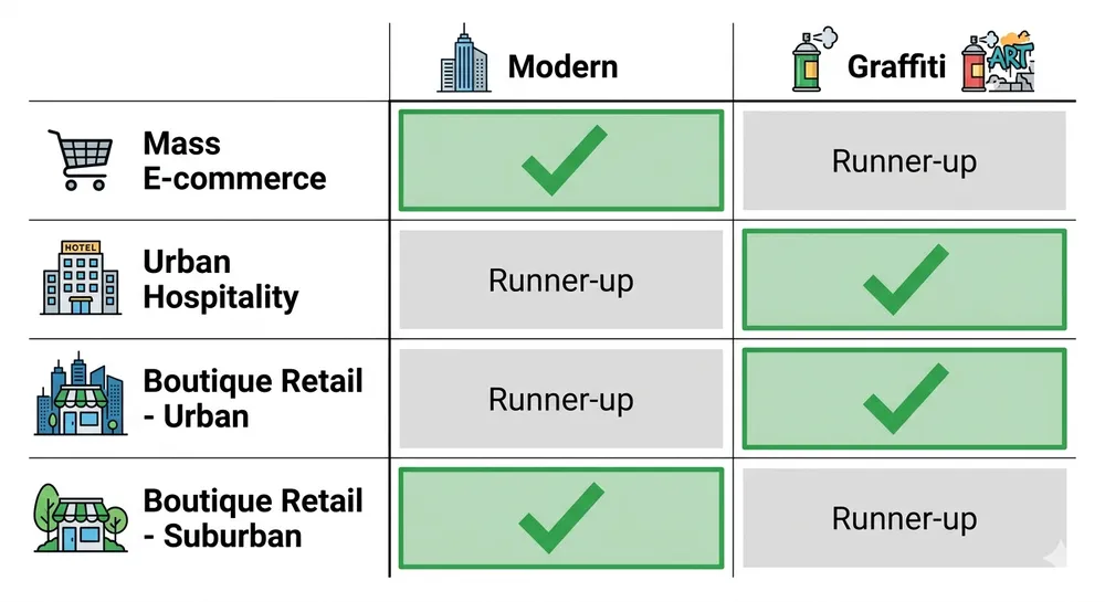 Decision matrix showing which wall art style wins in each sales channel — e-commerce, hospitality, boutique retail, and staging