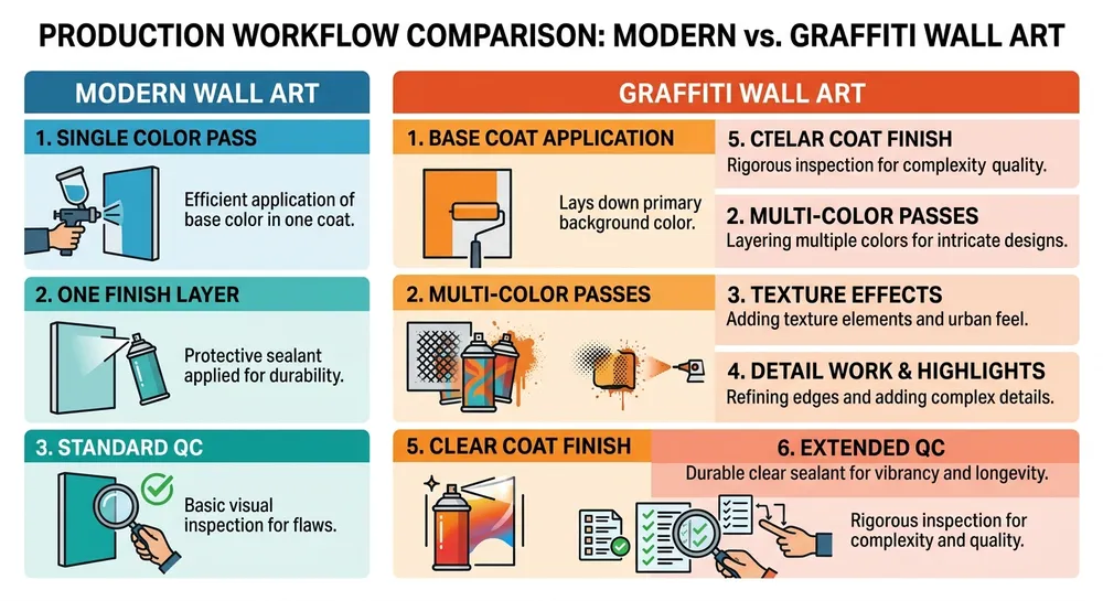 Side-by-side production complexity comparison between modern and graffiti wall art styles showing ink passes, finish layers, and QC checkpoints