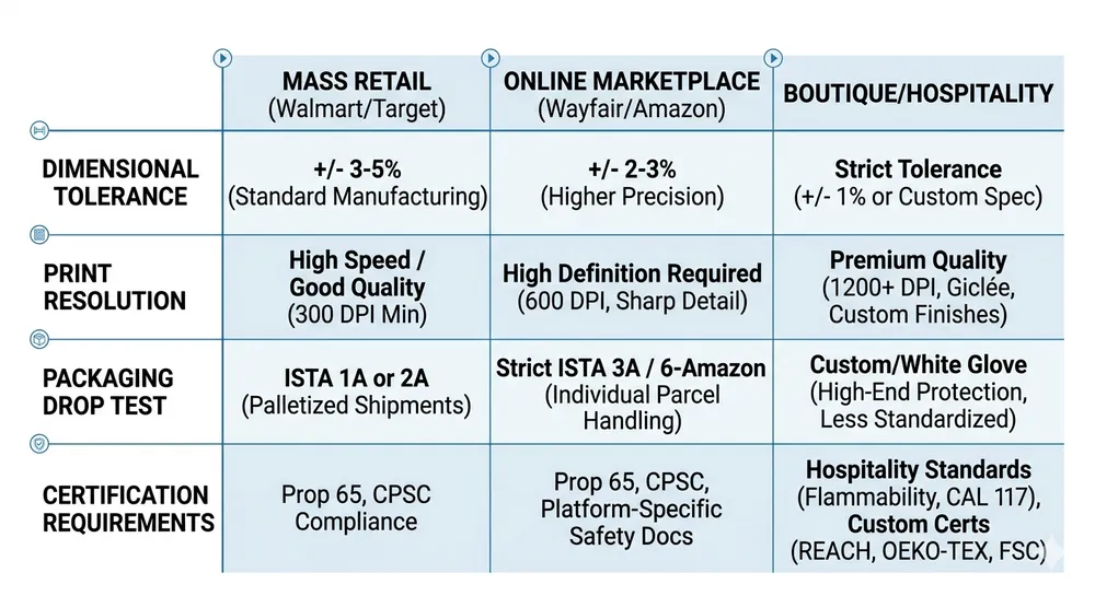 Comparison chart of modern wall art design standards across mass retail, online marketplace, and boutique channels