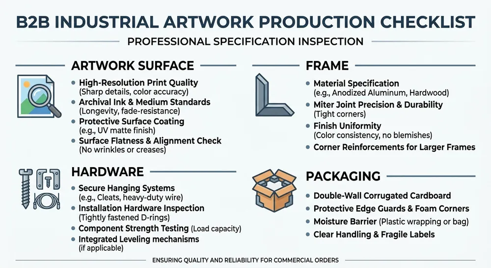 Modern Wall Art RFQ Spec Checklist RFQ specification checklist for modern wall art showing surface finish, frame tolerance, hardware, and packaging requirements