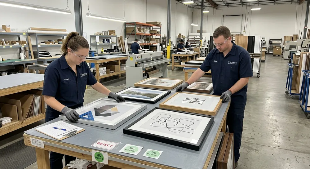 Modern wall art pieces with metal frames and printed canvas surfaces arranged for quality inspection on a factory floor