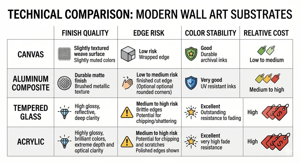 Modern Wall Art Substrate Comparison — Finish Quality vs. Cost Comparison chart of modern wall art substrates showing canvas, aluminum, glass, and acrylic finish quality and cost tradeoffs