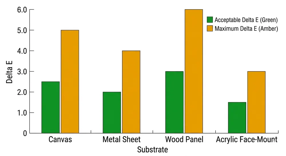 Delta E color tolerance chart for nature wall art across canvas, metal, wood, and acrylic substrates