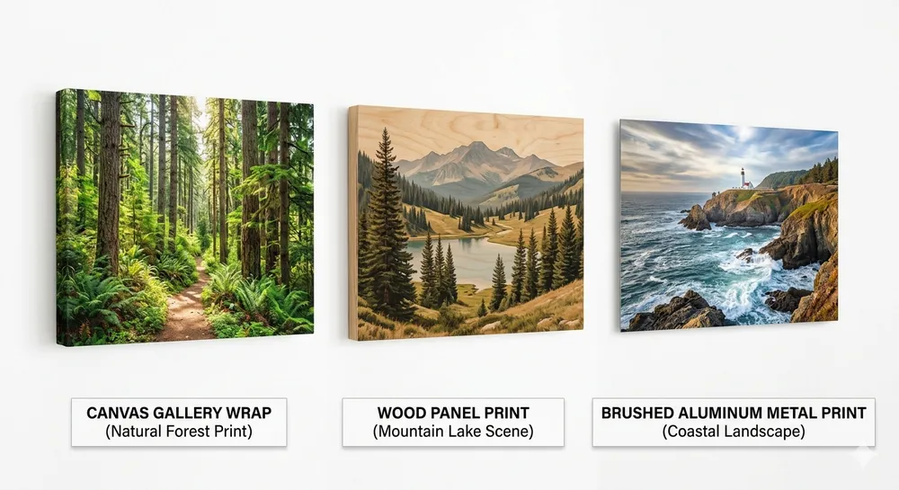 Canvas vs Wood vs Metal Nature Wall Art Substrates Side-by-side display of canvas, wood panel, and metal nature wall art pieces showing surface texture and finish differences