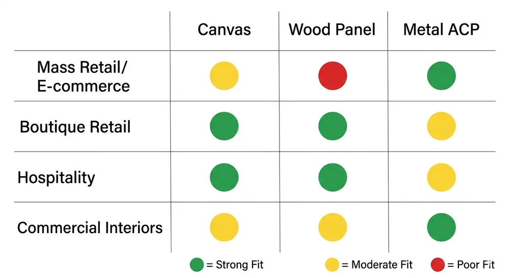 Substrate-to-Channel Fit Matrix for Nature Wall Art Decision matrix showing which nature wall art substrate fits mass retail, boutique, hospitality, and commercial interior channels