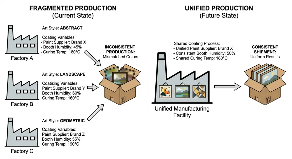 Multi-Vendor vs Single-Factory Finish Drift Diagram showing how multi-vendor wall art sourcing causes finish drift compared to single-factory production