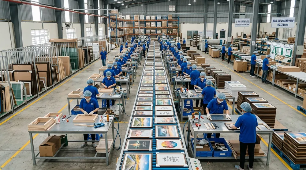 Livewellcraft's 12,000 square meter wall art and mirror production facility in Dong Nai Vietnam showing frame molding and assembly lines