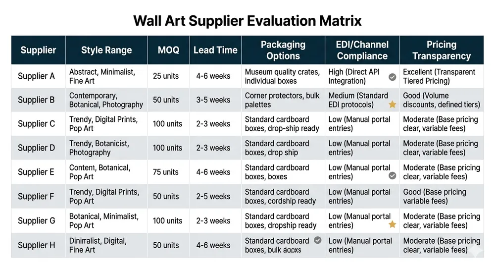 Supplier evaluation criteria matrix for wall art wholesale sourcing covering MOQ, style range, lead time, and channel compliance