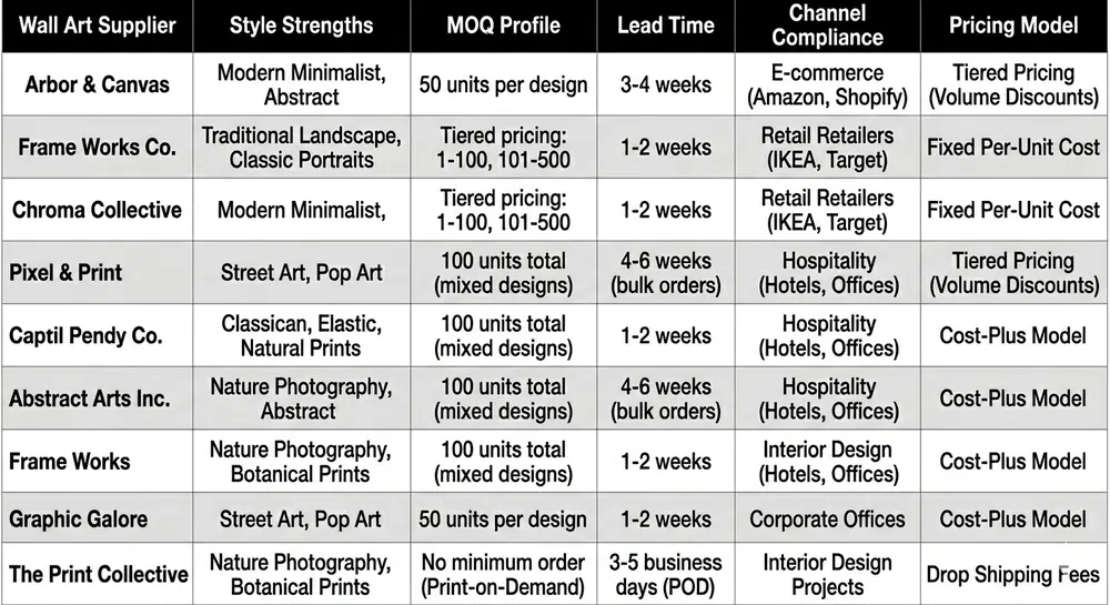 Top 10 US Wall Art Suppliers Comparison Table Comparison table of top 10 US wall art suppliers showing MOQ, lead time, style range, and channel compliance for e-commerce retailers