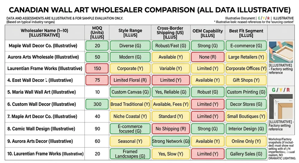 Canadian Wall Art Wholesaler Comparison Matrix Comparison matrix of 10 Canadian wall art wholesalers showing MOQ, style range, cross-border shipping, and OEM capability