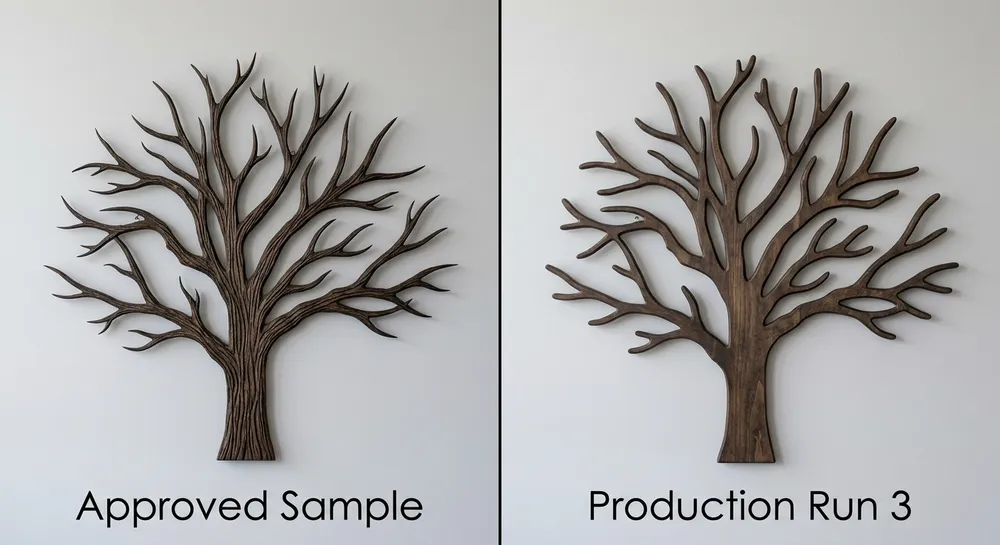 Side-by-side comparison of sharp vs degraded branch detail on bulk tree wall art production