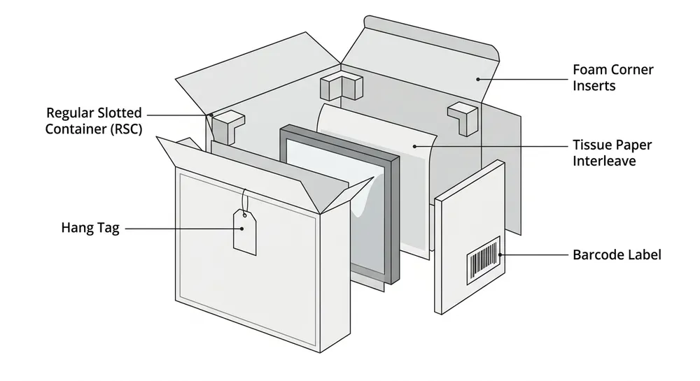 Diagram of custom wall art retail packaging components including foam corners, RSC carton, hang tag placement, and barcode position