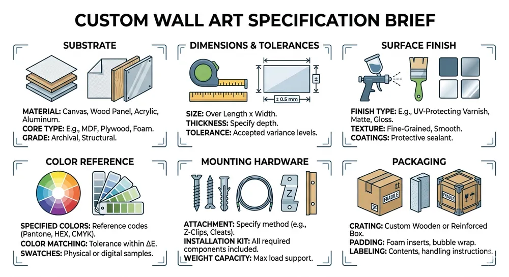 Diagram showing the key fields in a custom wall art manufacturing spec brief including substrate, finish, dimensions, mounting, and packaging
