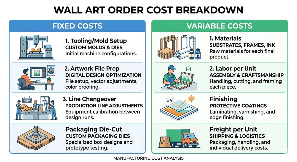 Diagram showing fixed vs variable cost components in a small-batch unique wall art order