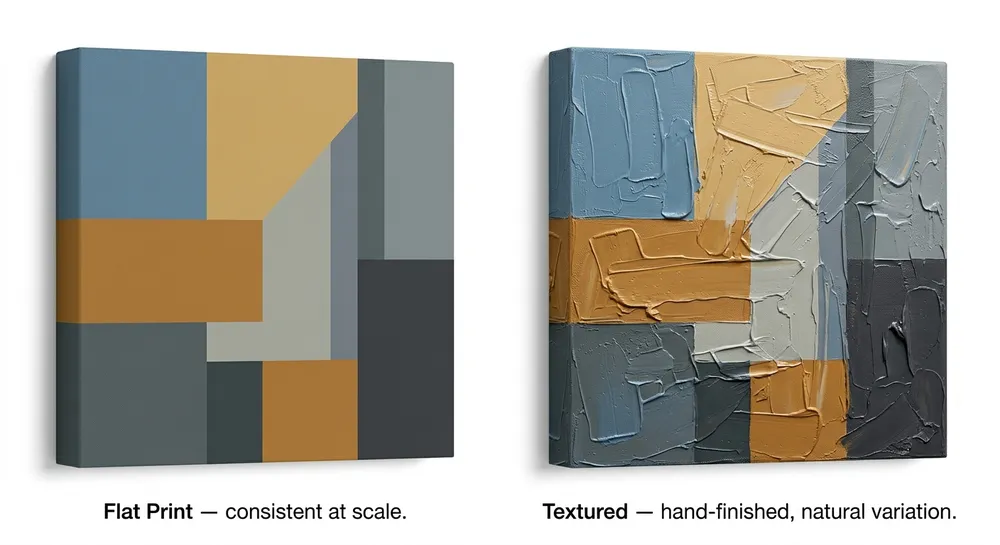 Side-by-side comparison of flat-print abstract wall art and textured hand-finished abstract wall art showing production method differences