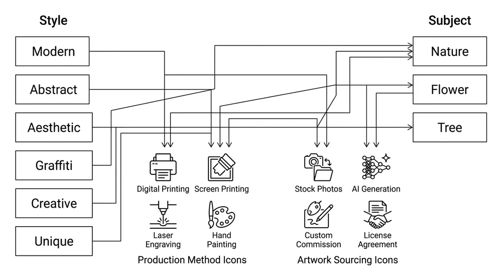 Diagram showing the difference between wall art style categories and subject categories for B2B procurement planning