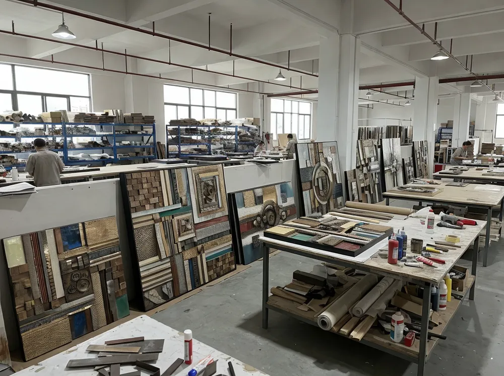 Mixed-media creative wall art with layered materials and dimensional elements