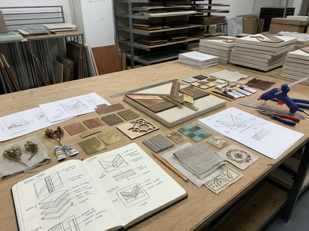 Design development process for creative wall art showing concept sketches and material samples