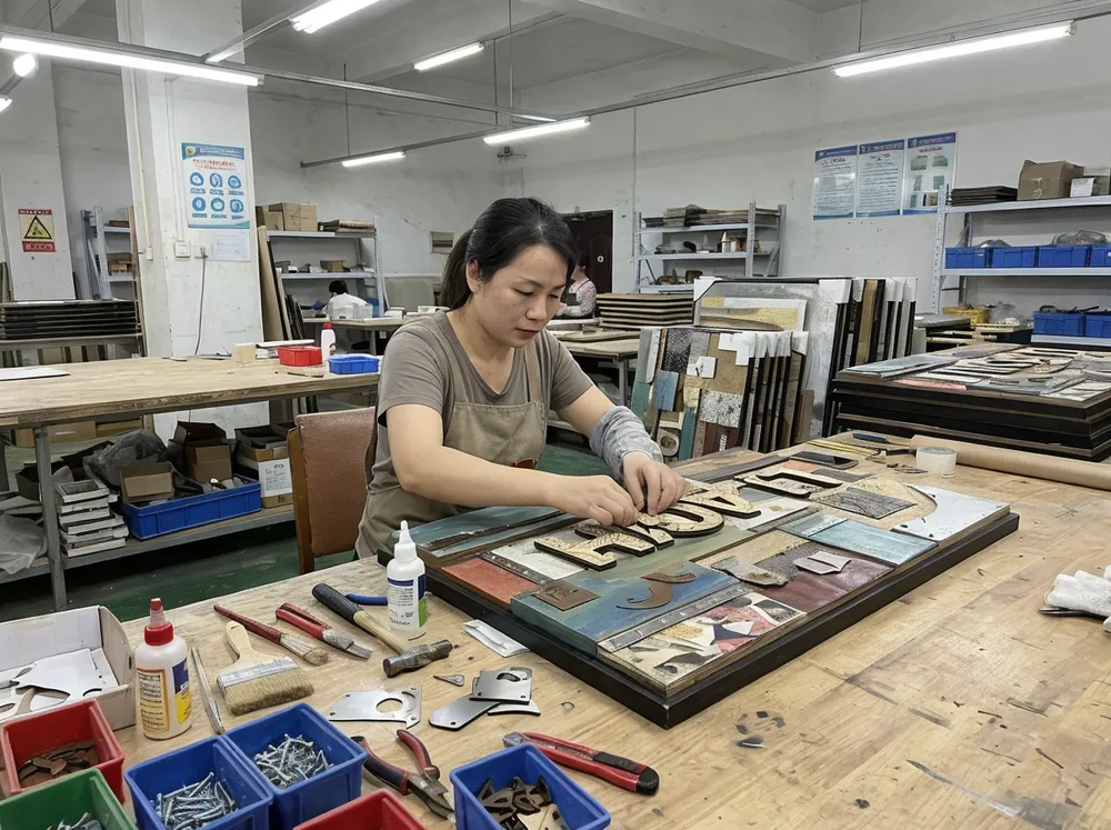 Artisan hand-assembling dimensional elements on creative wall art piece