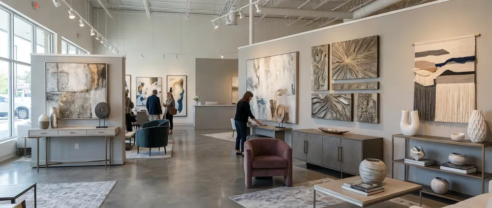 Boutique retail showroom featuring creative wall art as statement display pieces