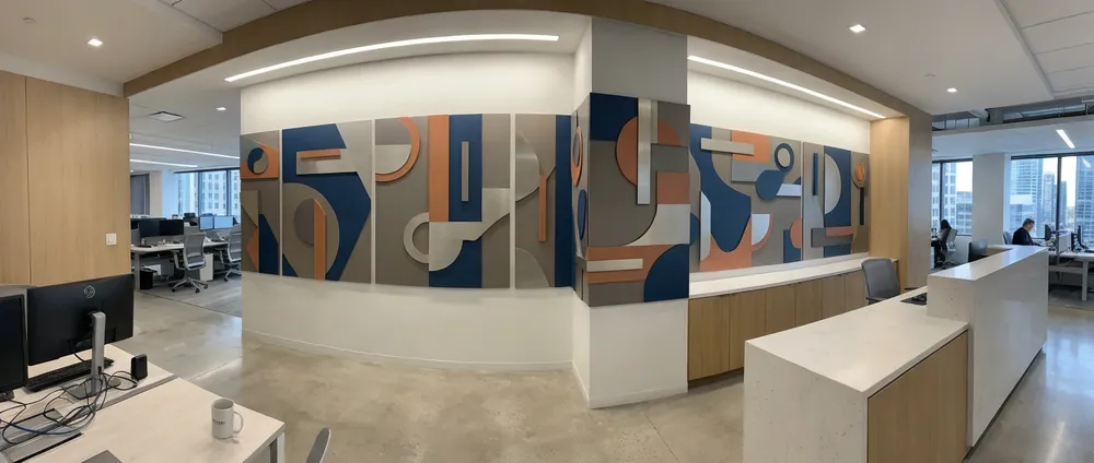 Corporate office interior with specification-matched creative wall art installation