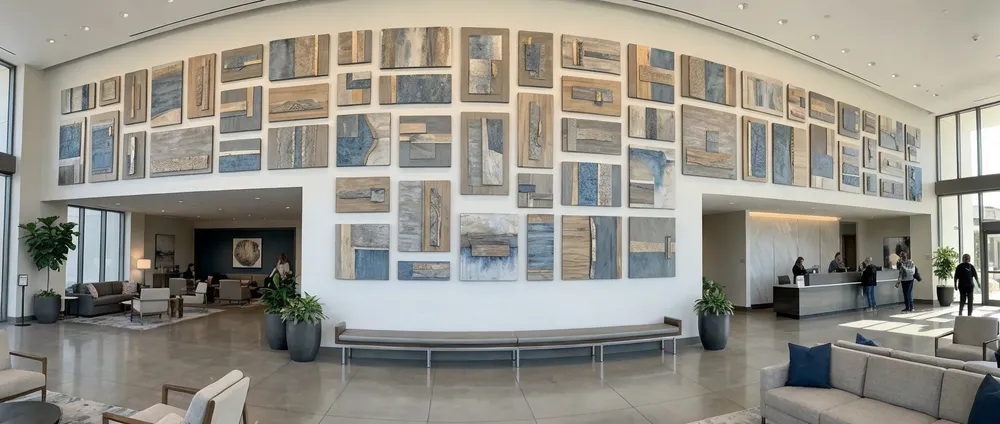 Hotel lobby feature wall with coordinated creative wall art installation