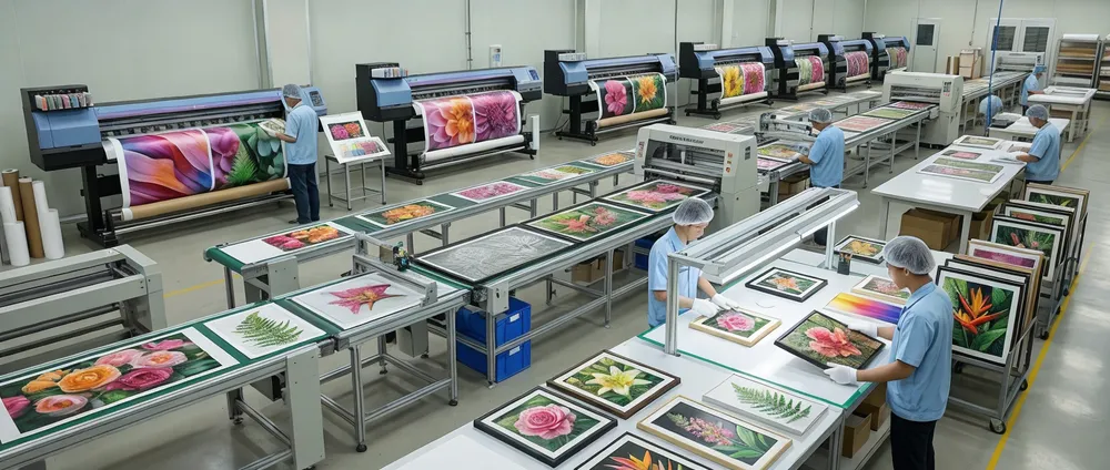 Botanical wall art production line showing printing, texture application, and quality control stations
