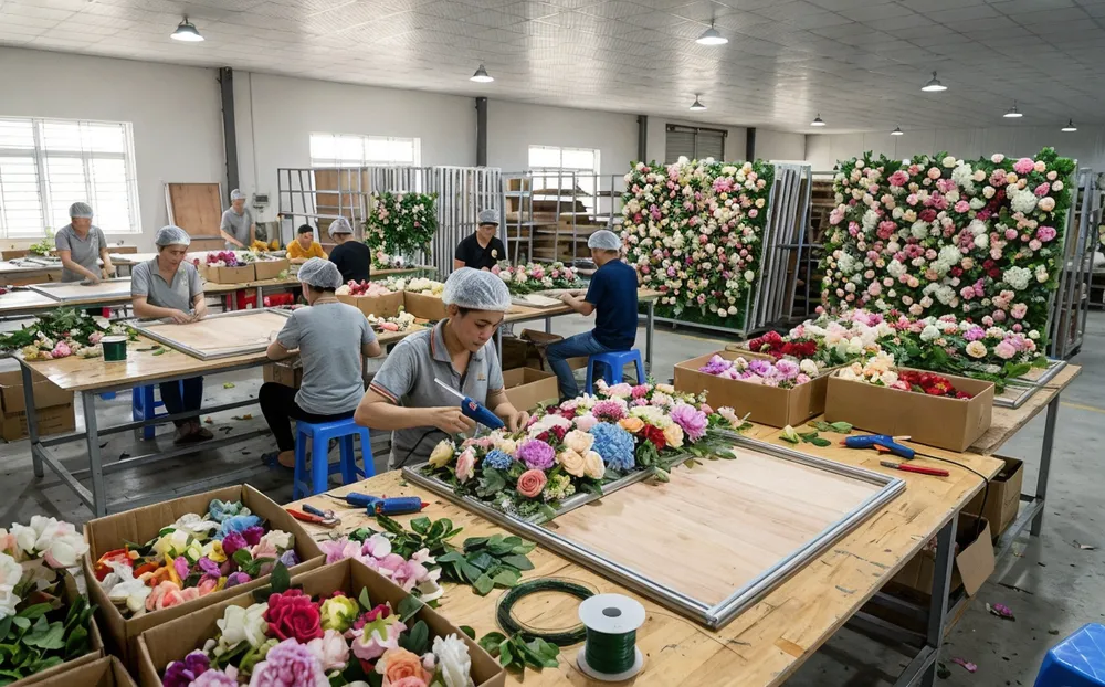 Flower wall art production at Livewellcraft Dong Nai facility