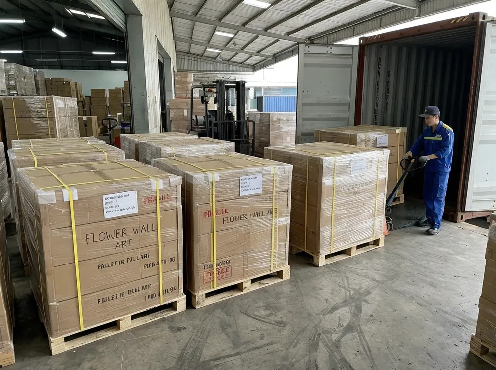 Palletized flower wall art shipment ready for container loading