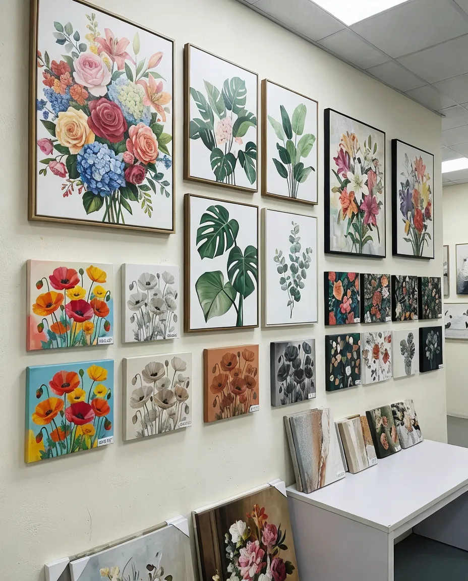 Custom flower wall art design samples showing various color profiles and sizing options